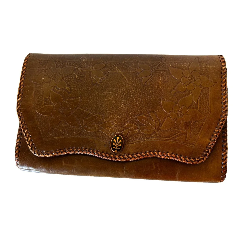 Vintage 1920s Leather Clutch Hand Tool Double Side Whipstitch Snap Floral Folds